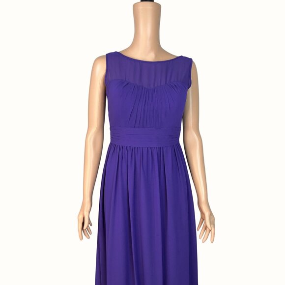 Bill Levkoff Purple Sleeveless Ruched Chiffon Gown With Sheer Neckline & V-Back - Picture 5 of 9